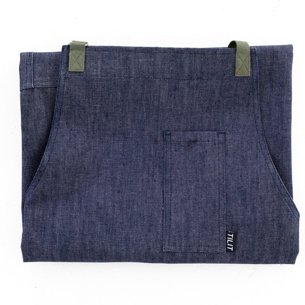 
                  
                    Denim apron with Olive green Straps and a Towel loop
                  
                