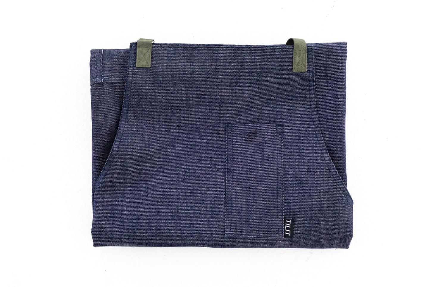 Denim apron with Olive green Straps and a Towel loop