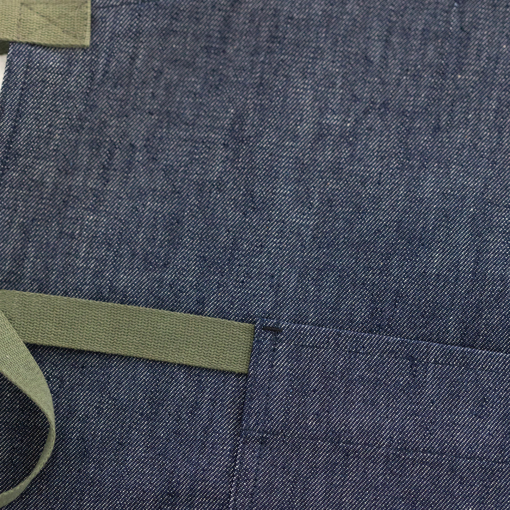 
                  
                    Denim apron with Olive green Straps and a Towel loop
                  
                