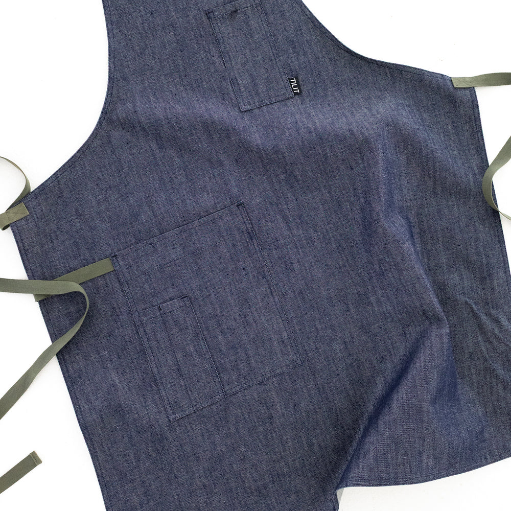 
                  
                    Denim apron with Olive green Straps and a Towel loop
                  
                