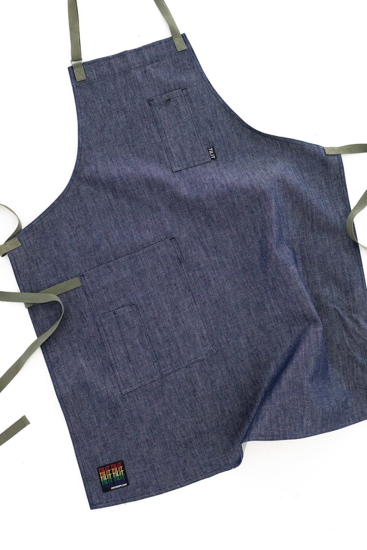 Denim apron with Olive green Straps and a Towel loop