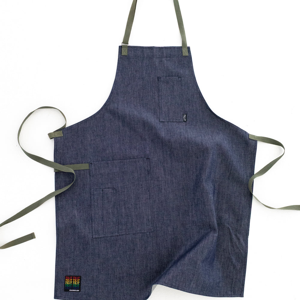 Denim apron with Olive green Straps and a Towel loop