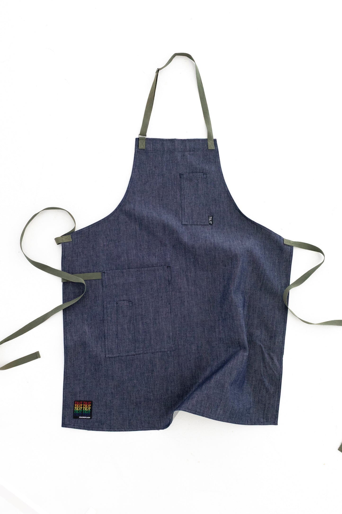 Denim apron with Olive green Straps and a Towel loop