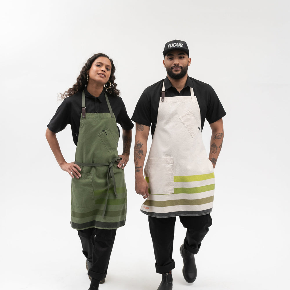 TILIT striped apron in olive green and natural tan