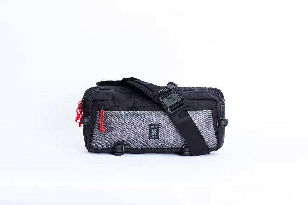 
                  
                    sling Knife bag in black with gray mesh with a red zipper
                  
                