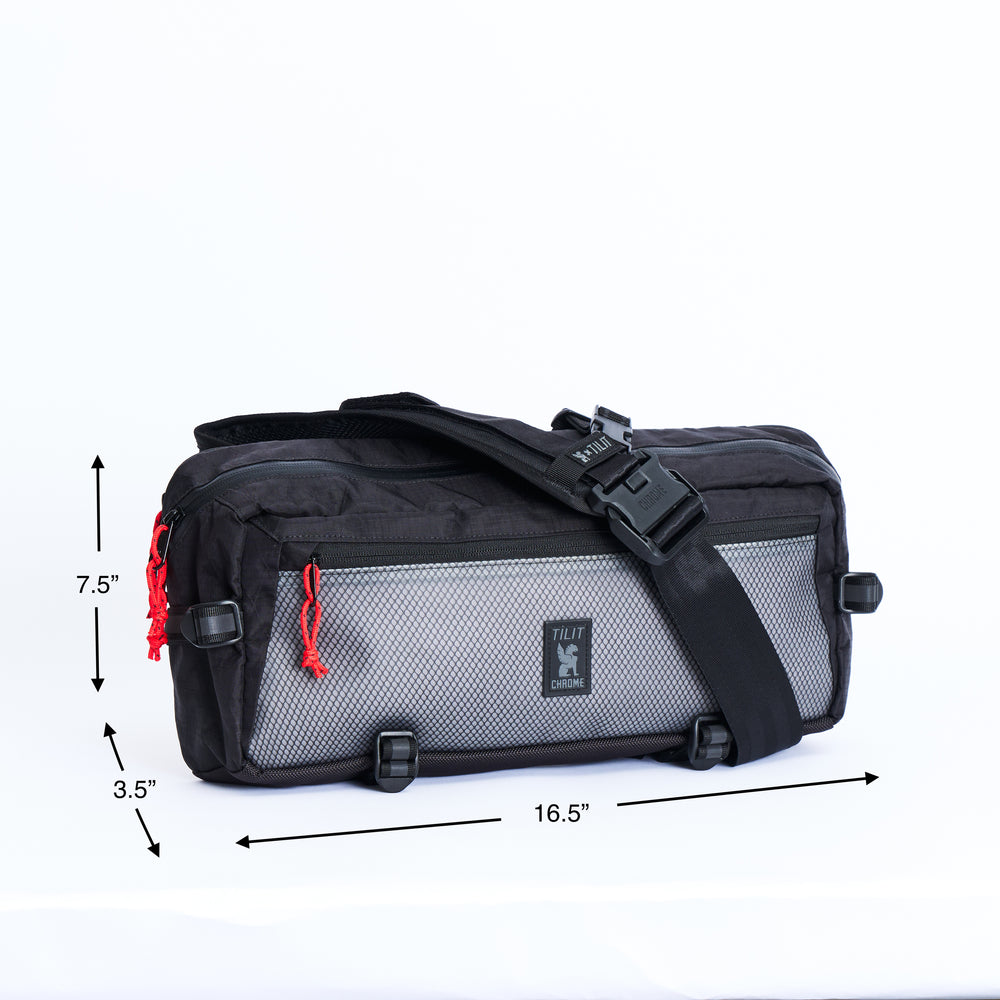 
                  
                    sling Knife bag in black with gray mesh with a red zipper
                  
                