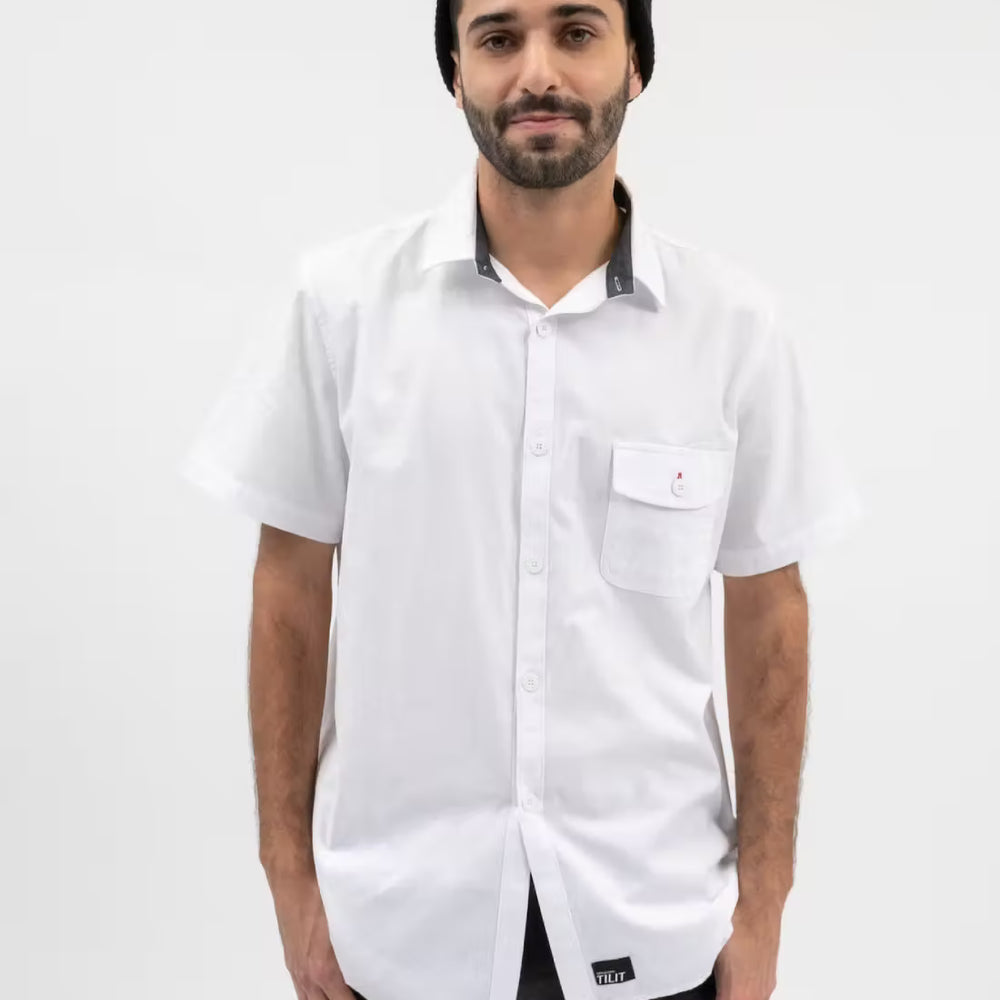 
                  
                    TILIT French Kitchen Collared Workshirt in White with chest pocket.
                  
                