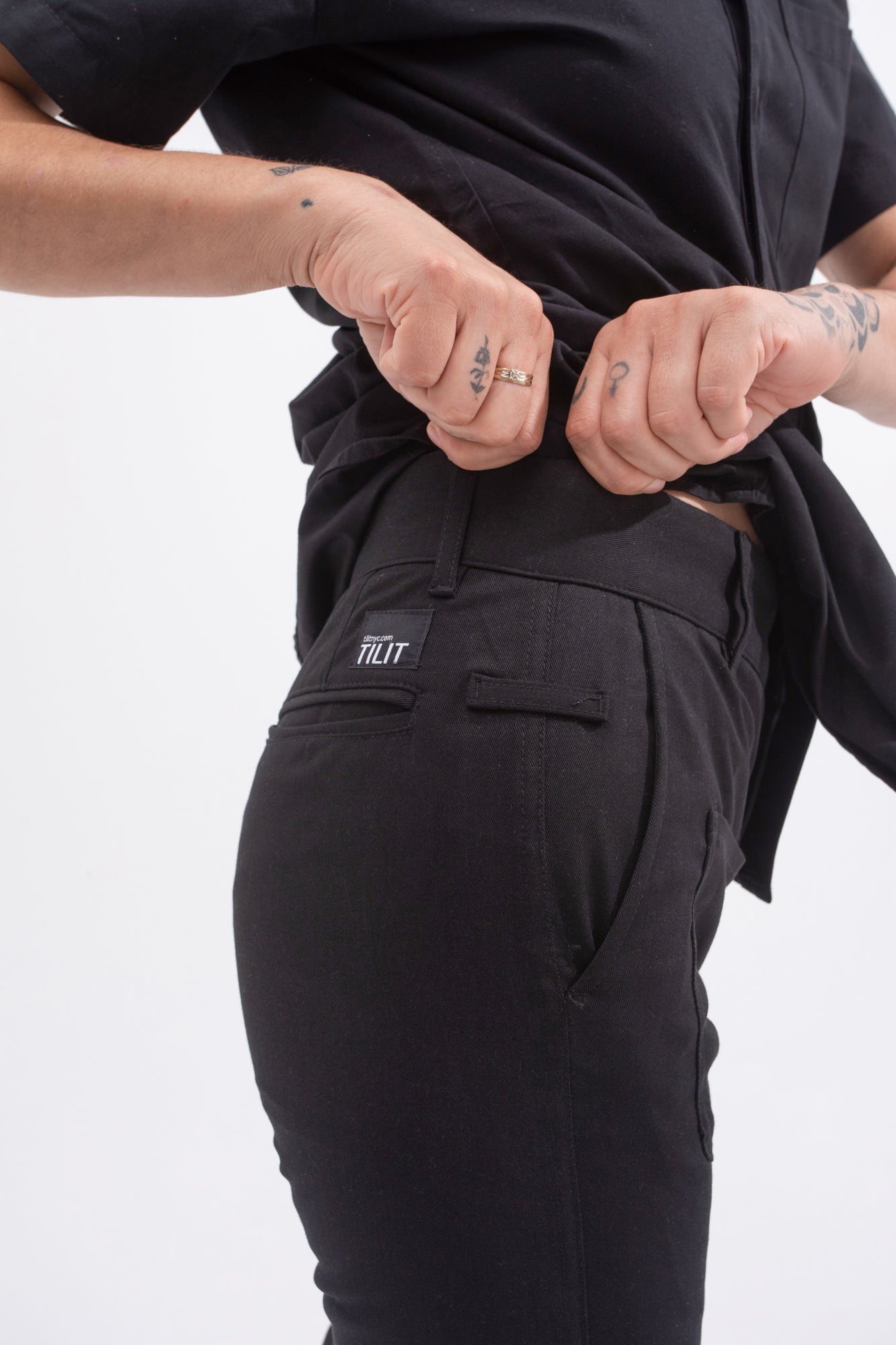 TILIT black chef flex pants on female model